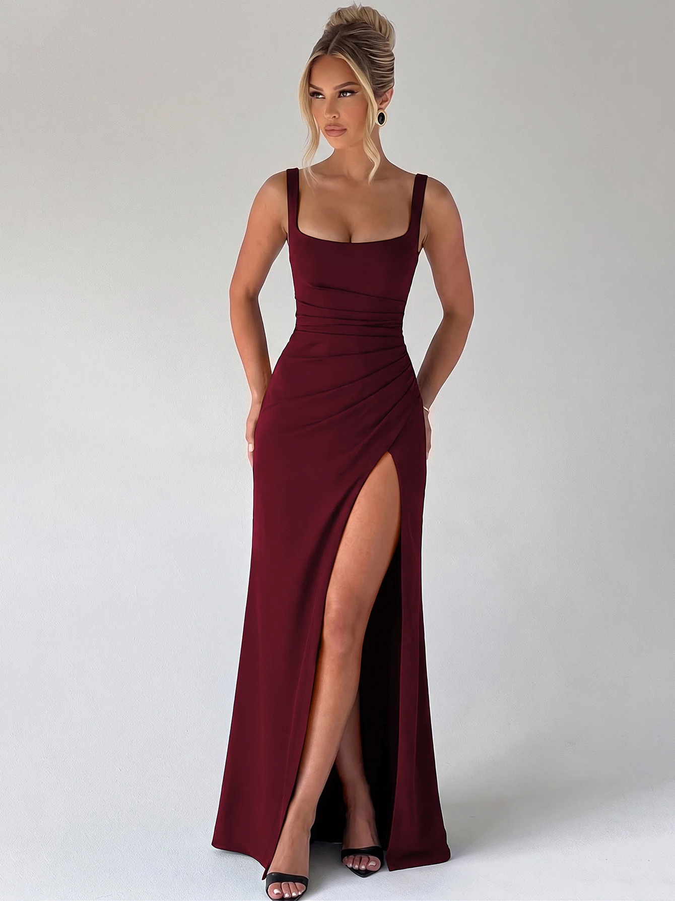 Hugcitar Women'S Fashion Solid Square Collar Backless Slit Bodycon Maxi Dress Summer Women Clothes Birthday Party Vacation