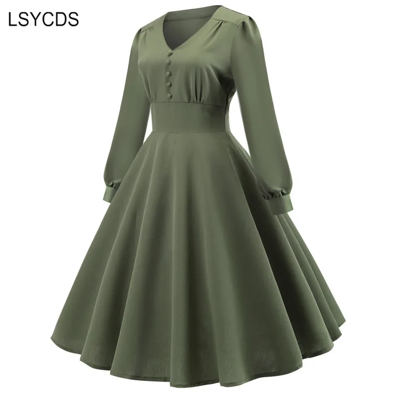 LSYCDS 2024 New V Neck Dresses for Women Elegant Vintage Long Sleeve Midi Dress Burgundy Casual Party A-line Dress Spring Autumn