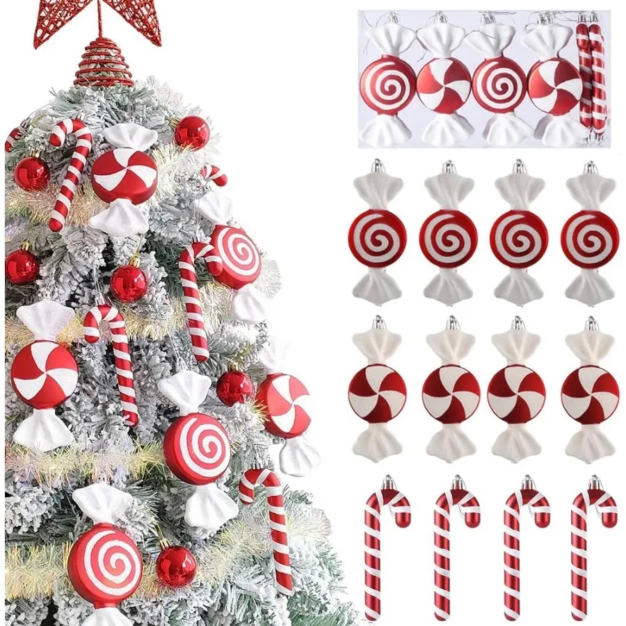 12 Uds. Adornos de piruleta de bastón de caramelo de Navidad para decoraciones de árboles de Navidad rojo y blanco 6,5 pulgadas formas surtidas Orna colgante