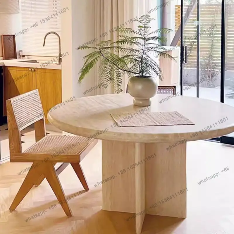 LS French Light Luxury Natural Travertine Round Dining Table Designer Wabi-Sabi Style Villa Home Feel High-End Feel