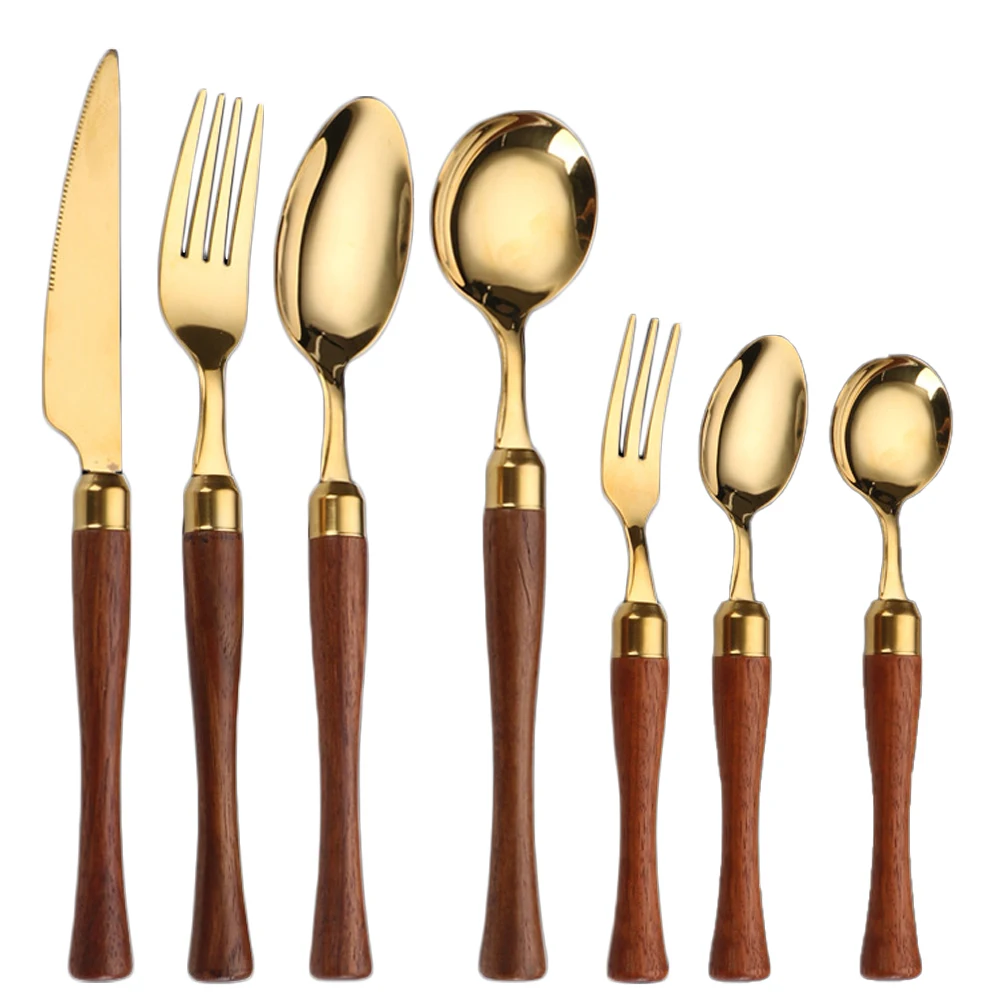 AJOYOUS Wooden Handle Cutlery Set Stainless Steel Clamp Western Tableware Knife Fork Tea Spoon Dinnerware Portable Silverware