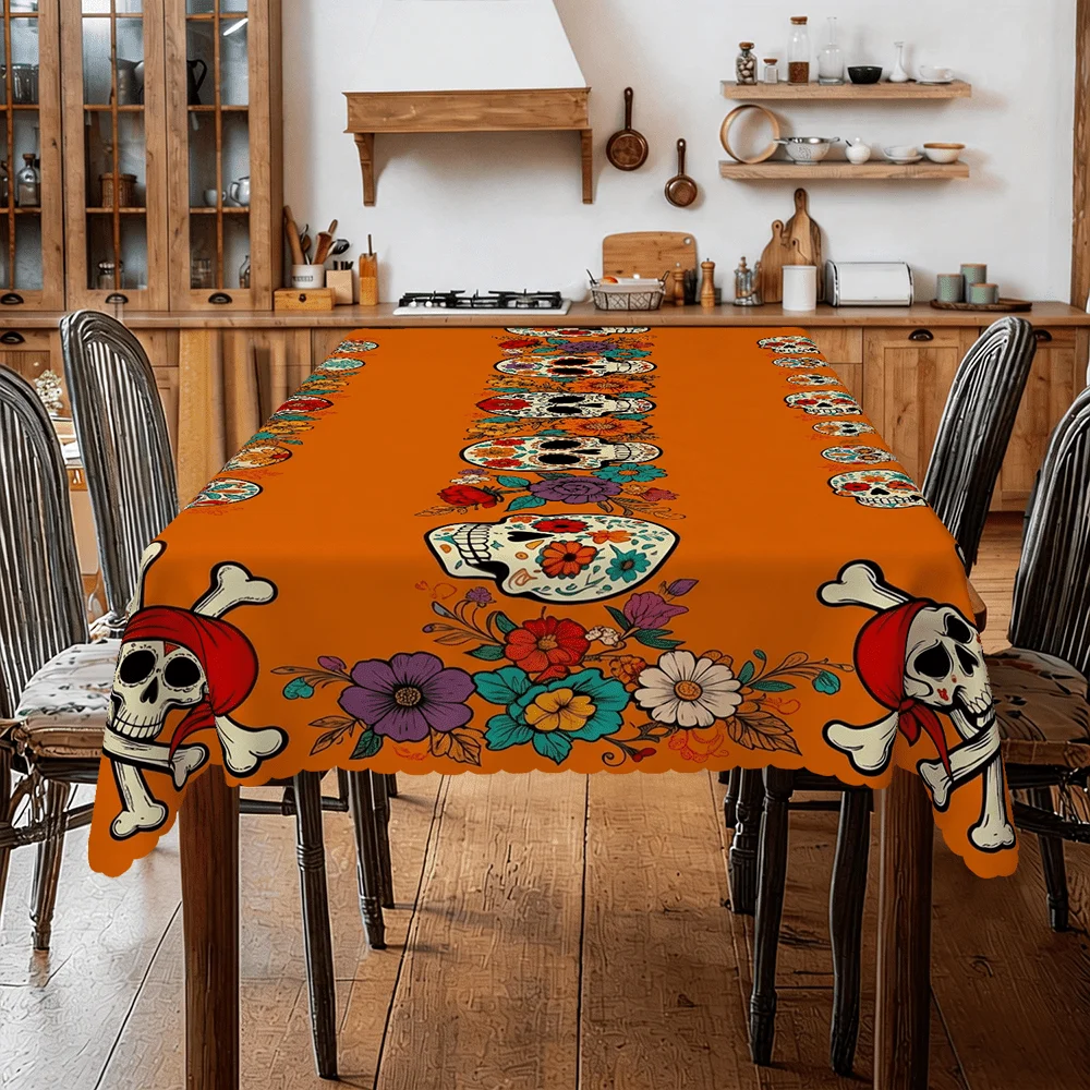 2D flat party tablecloth, 1 piece, orange background with floral sugar skulls for Halloween tableclothzyc