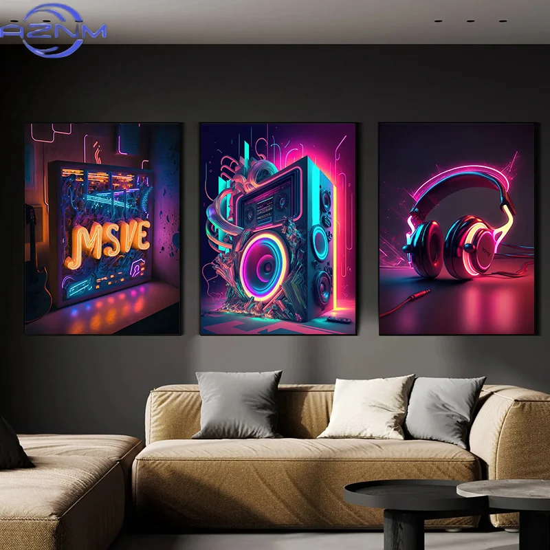 Pop 80S Live Music Neon Punk Poster Aesthetics Dj Guitar Karaoke Headphones Canvas Painting Wall Art Home Room Decor No Lights