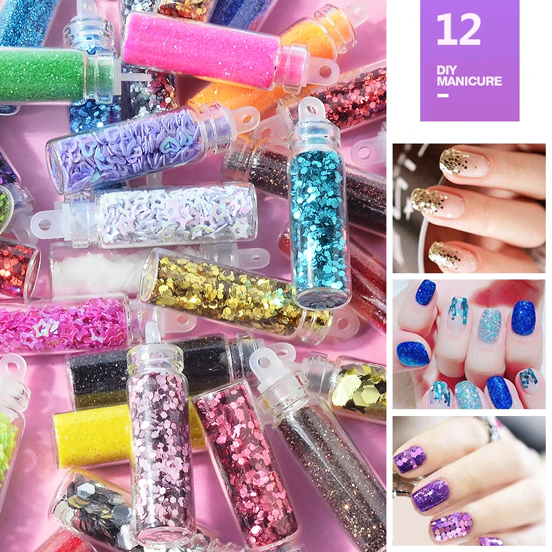 12 butelek na zestaw kolorowe paznokcie brokat w proszku Ultra cienka paznokci cekiny 3d akrylowe płatki do DIY paznokci projekt Manicure dekoracje