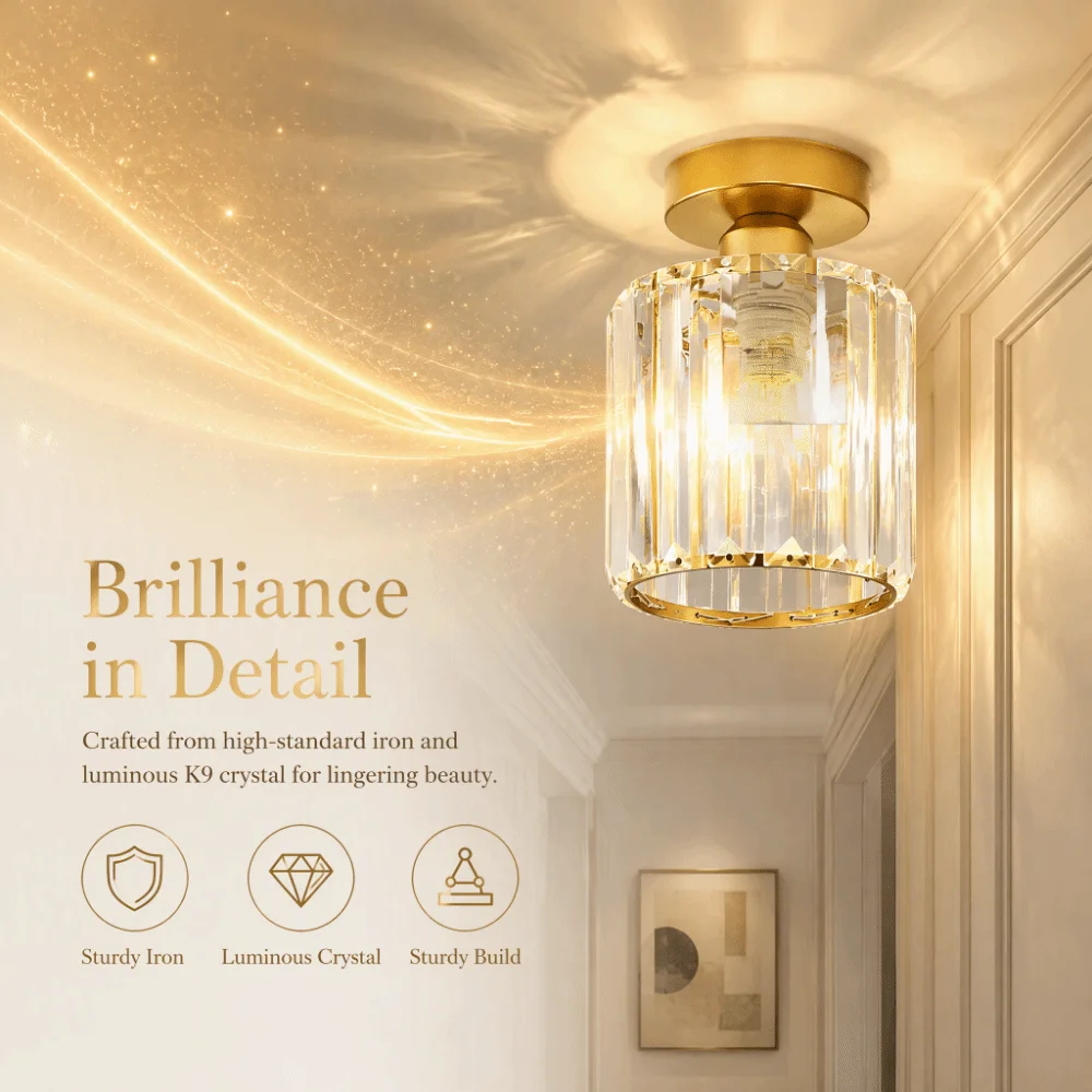 Crystal Ceiling Light E26/E27 Socket Gold Finish Close to Ceiling Lamp AC 85-265V Bulb Not Included Ceiling Light Fixture