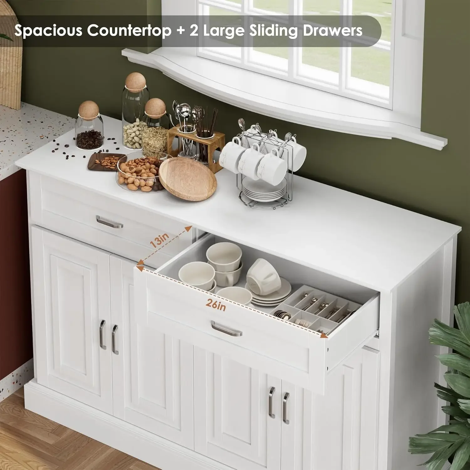 

Sideboard Buffet Cabinet with Storage,with 2 Drawers and 4 Doors, Farmhouse Coffee Bar Display Cabinet for Kitchen Dining Room