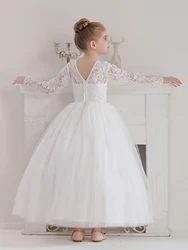Girls' Teenage Long Sleeve Lace Dress Wedding White Bridesmaid Evening Gown Long Dress