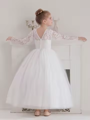 Girls' Teenage Long Sleeve Lace Dress Wedding White Bridesmaid Evening Gown Long Dress