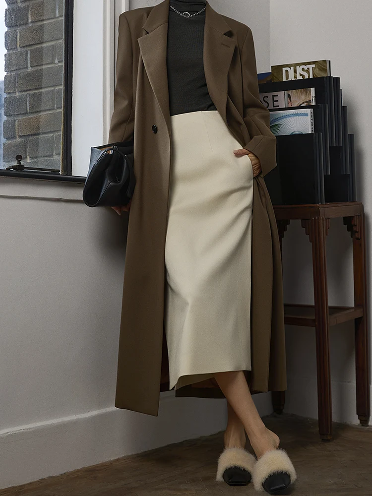 

FANNIU Осенне-зимняя шерстяная юбка H-образного силуэта средней длины прямого кроя с разрезом по боку, однотонная, практичная, деловая, повседневная