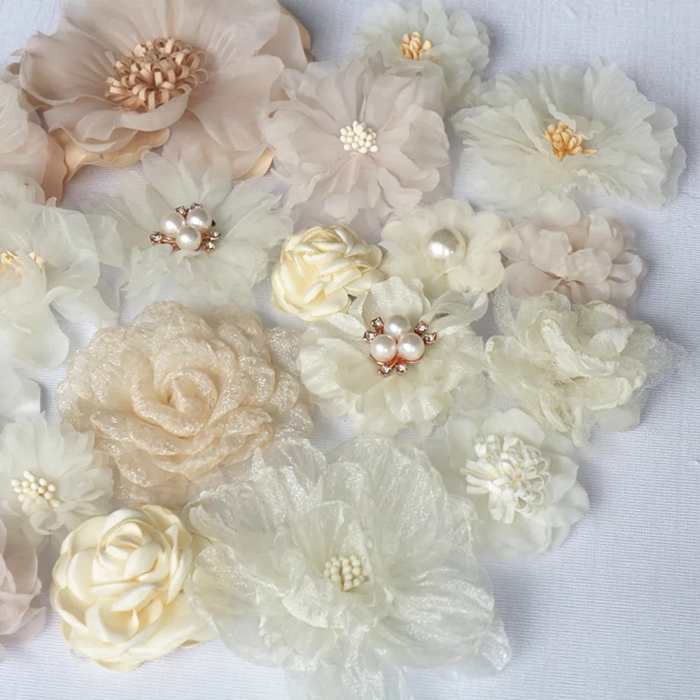 20Pcs Set Beige Series Mix 20 Styles Chiffon Organza Fabric Rose Flowers Wedding Dress Girls Clothing Headwear Decoration DIY