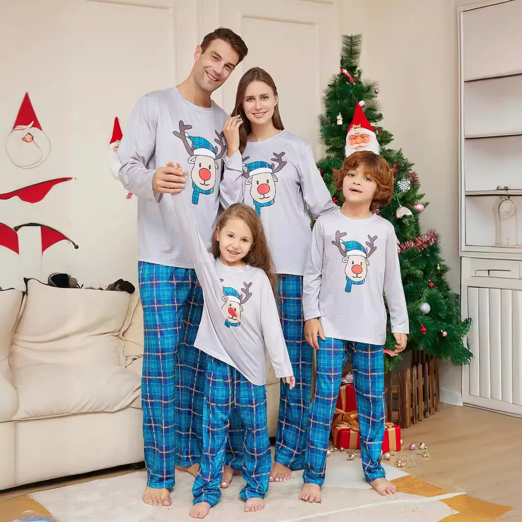 2024 new Christmas cartoon deer head blue plaid round collar long sleeve parent-child outfit a family of four home wear 2 sets