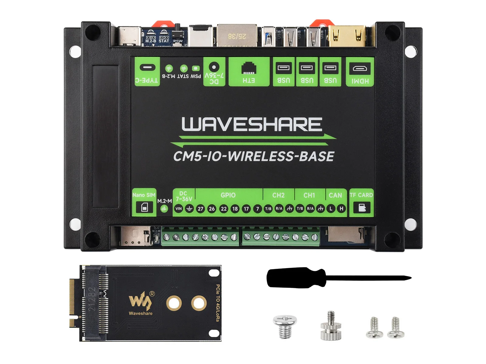 Industrial IoT Wireless Expansion Board for RPi CM5, 4G/5G/LoRa, Gigabit RJ45, Dual MIPI, 4K Output