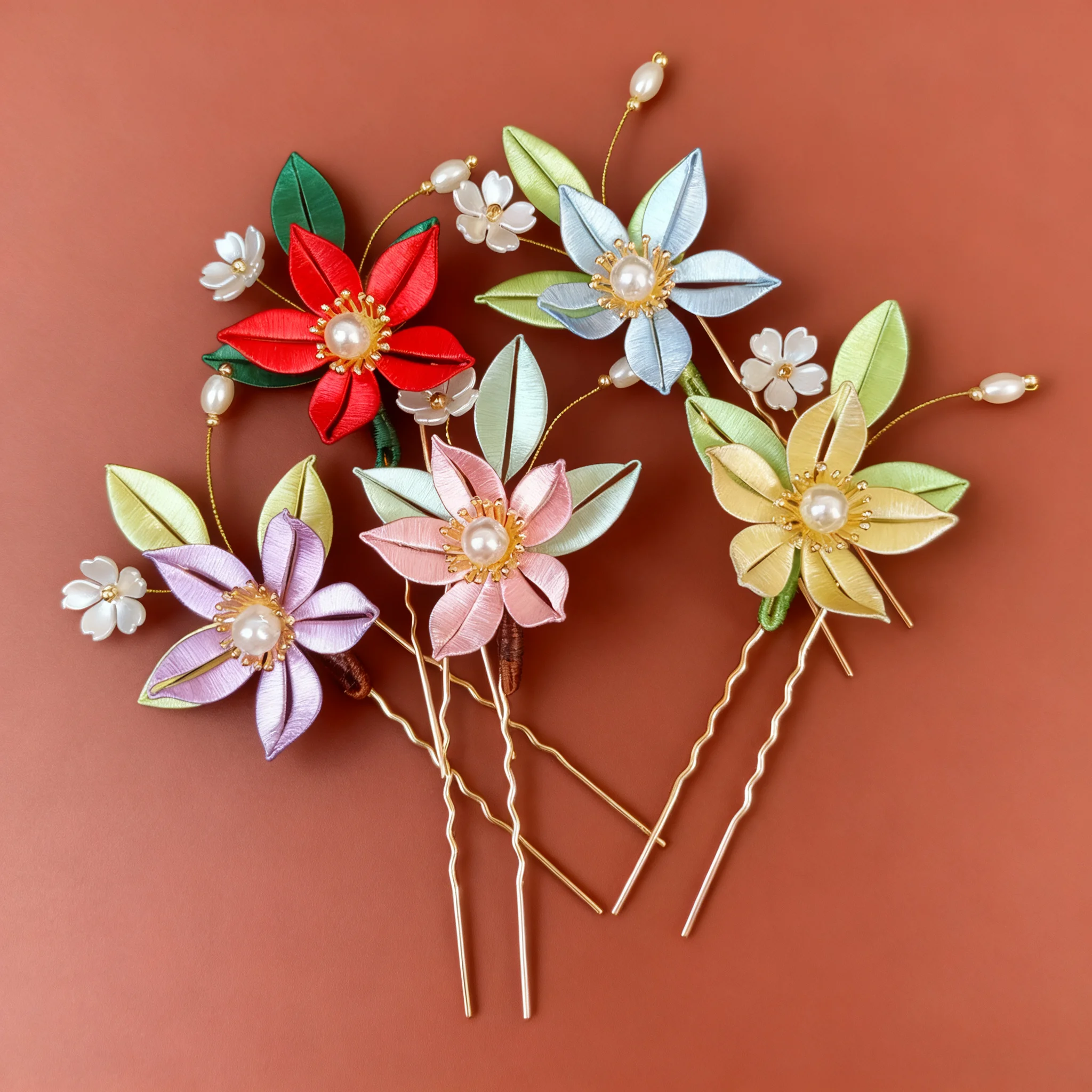 

Pearl Peach Blossom Hair Accessories- Handmade Intangible Cultural Heritage - Chinese Silk Flower Hair Fork- Hair Clips