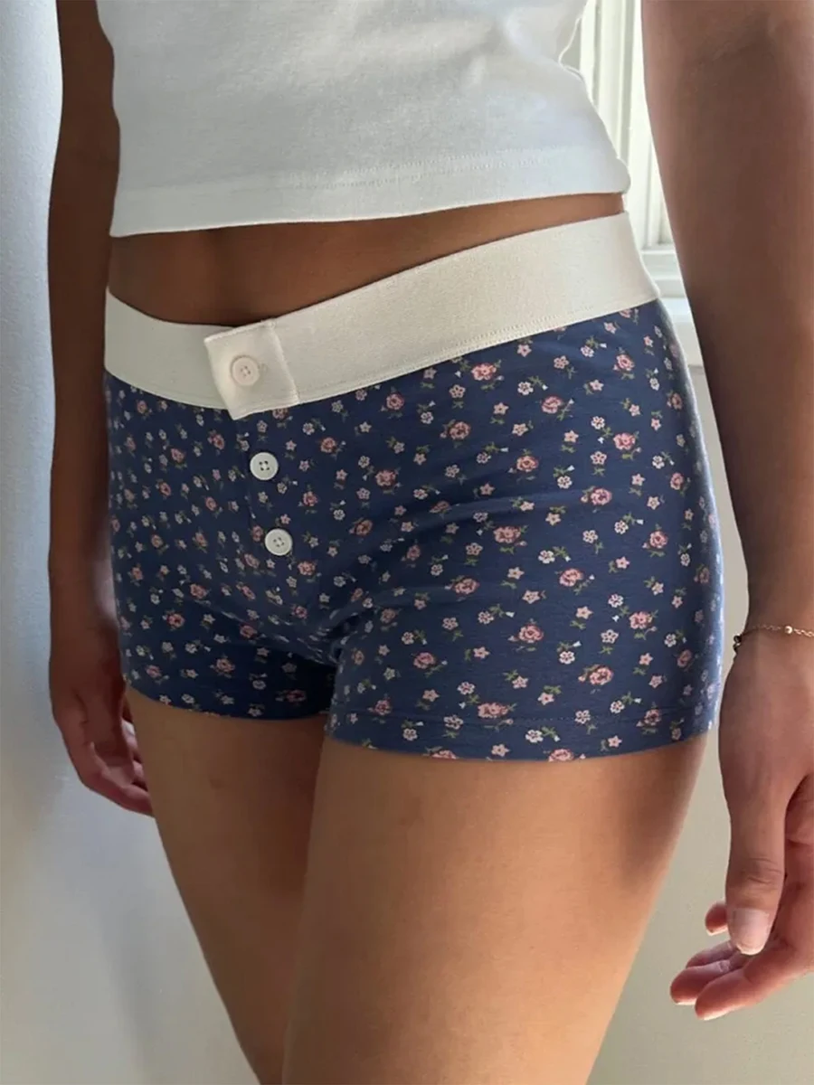 Pantalones cortos de pijama cómodos para mujer, pantalones de salón elásticos con botones y estampado floral, pantalones de pijama elásticos para dormir para dormir