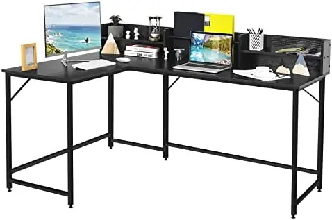 

66.5 Inches L-Shaped Desk, Space Saving Corner Computer Desk with Hutch, Study Writing Desk with Shelves Heavy Duty Steel Frame