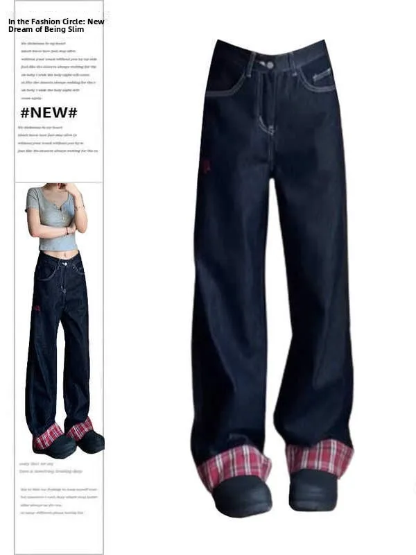 

High Waist Straight Leg Plaid Denim Pants Women's Spring Autumn Loose Fit Slimming Wide Leg Long Trousers plus Size