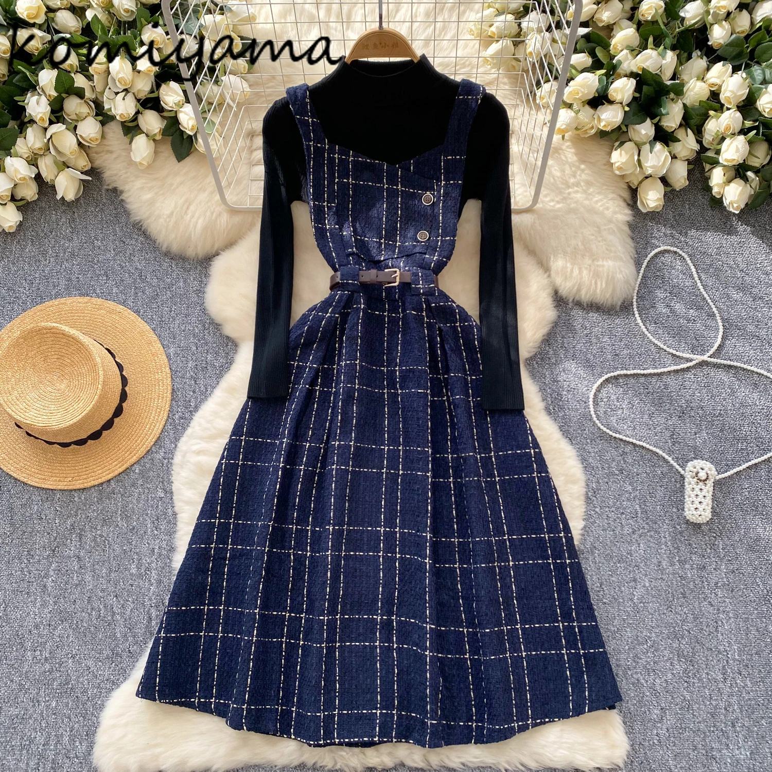 

Woman 2025 Plaid Sets Half High Collar Long Sleeve Bottomed Sweater Button Decoration Tunic Vestidos Autumn Two Pieces Set