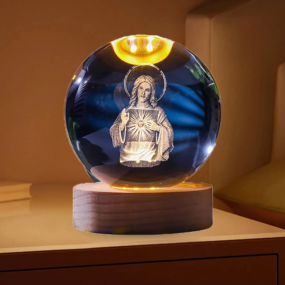 3D Creative Engrave Crystal ball with Wooden Base USB Charging LED Crystal Ball Night Light Lighted Crystal Ball Art Decoration