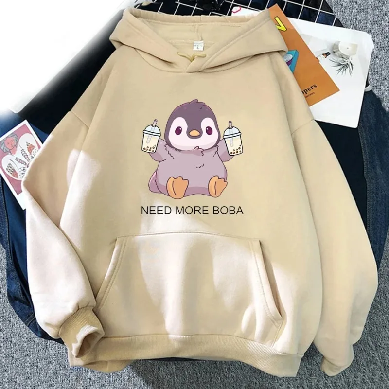 Cute Penguin Boba Tea Print Hoodie Hoodie Oversized Hooded Sweatshirt Pullover Boys and Girls Universal Sportswear Clothing