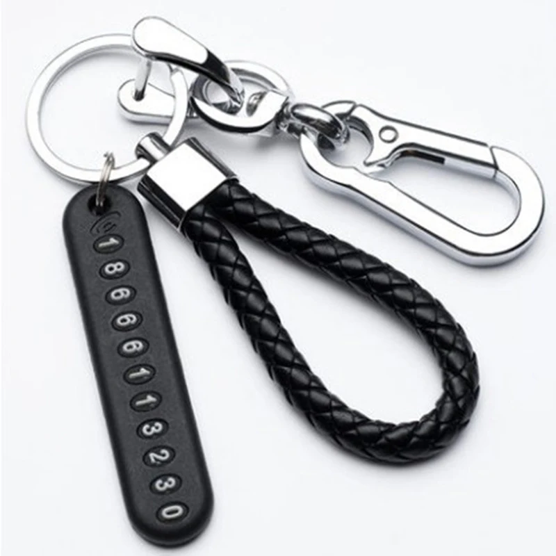 Anti-lost Car Keychain Phone Number Card Keyring Leather Bradied Rope Auto Vehicle Key Chain Holder Accessories Gift