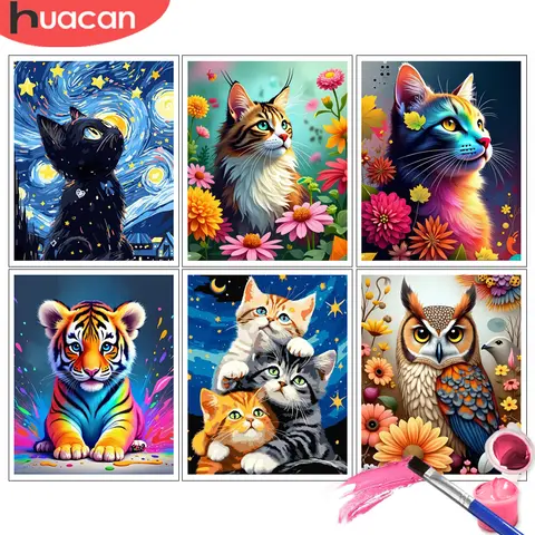 Painting By Number Kits Playful Kittens Under Starry Night DIY Digital Oil Painting Animals Coloring Artcraft Handpaint