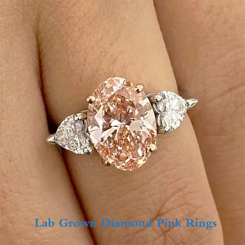 950 Platinum 2.5CT Main Stone Fancy Pink VS-VVS Oval Cut & Heart Cut Side Stones CVD HPHT Lab Grown Diamond Three Stone Set Ring