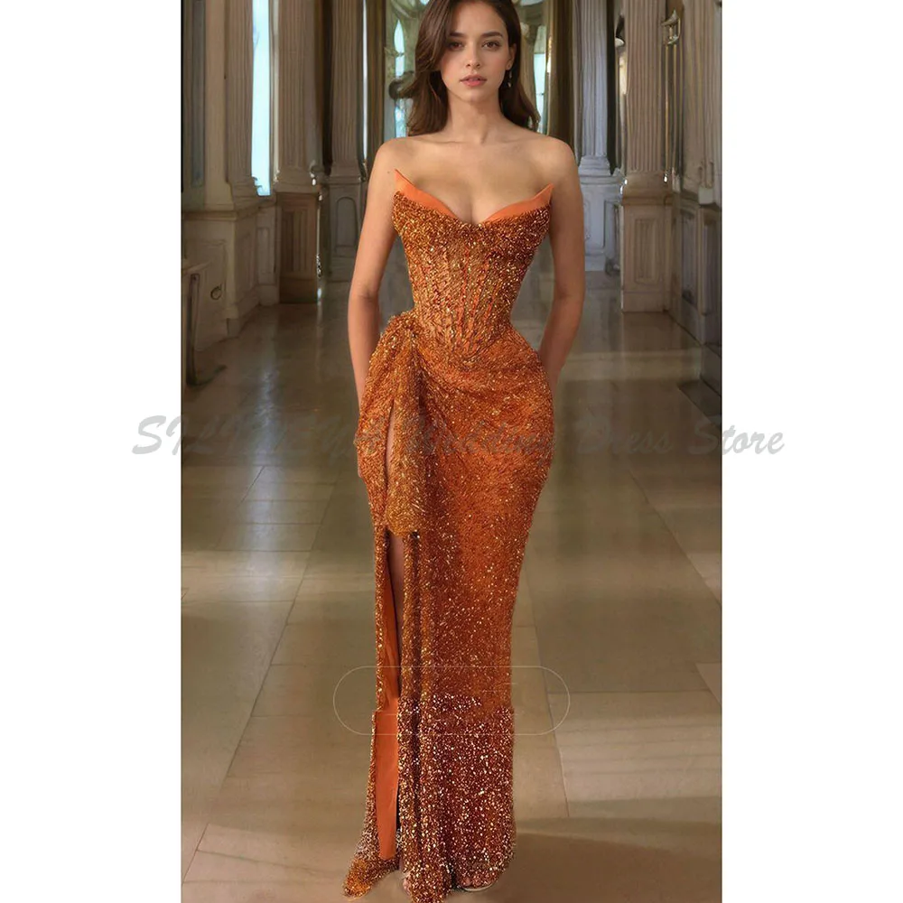 

Mermaid Classic Evening Dresses Female Sleeveless Strapless Shine Russet Floor Length Popular Party Catwalk Banquet Women Gowns