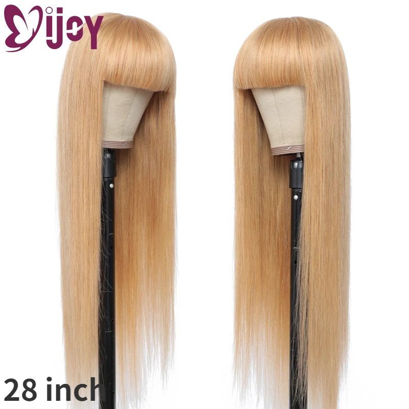 Honey Blonde Straight Human Hair Wigs With Bangs For Women Full Machine Made Wig Brazilian Remy Hair Wig 150% Density IJOY