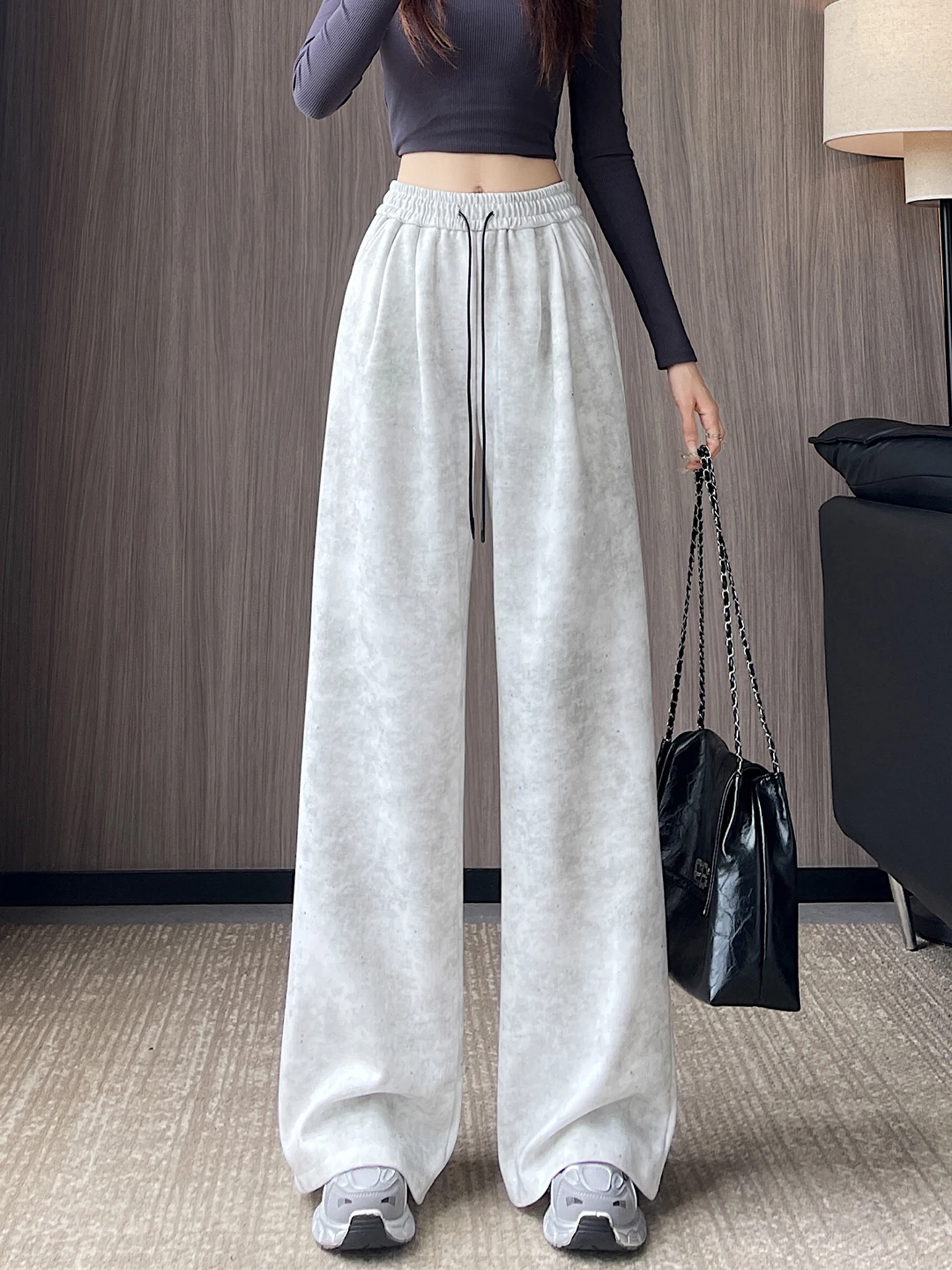 Pantalones deportivos de pierna ancha de cintura alta para mujer, pantalón informal holgado teñido, corte recto, para ir al trabajo, Color puro Simple coreano