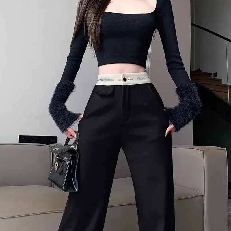 

Design Sense Letter High-rise Soft Casual Trousers Women Summer New Show Thin Slimming All Verticality Straight Moped Pants Z42