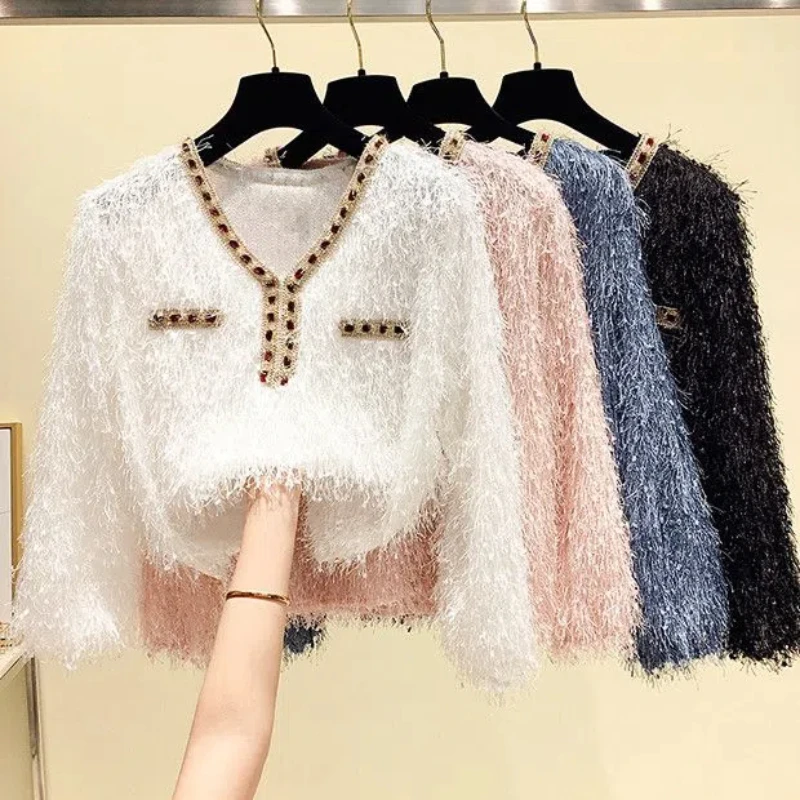 

Korean Fashion Autumn Winter T-Shirts Women V-Neck Tassel Diamonds Temperament All-match Long Sleeve Loose Bottoming Shirt Tops