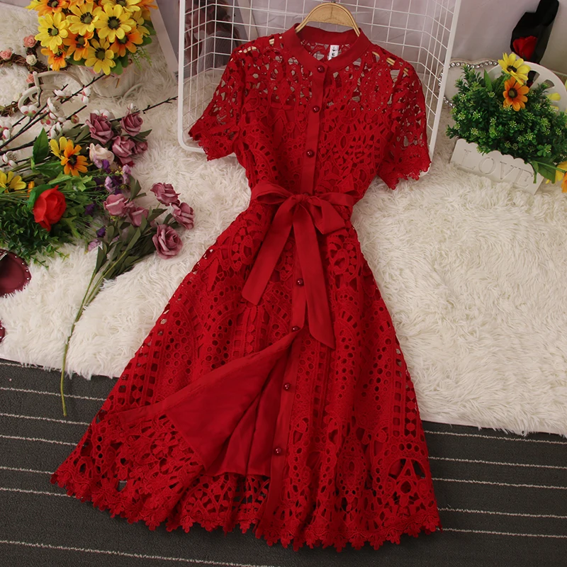 2024 Summer Vintage Sexy Hollow Out Party Dress Women Tie Bow Belt Lace Dress Female Single Breasted Short Sleeve Long Vestidos