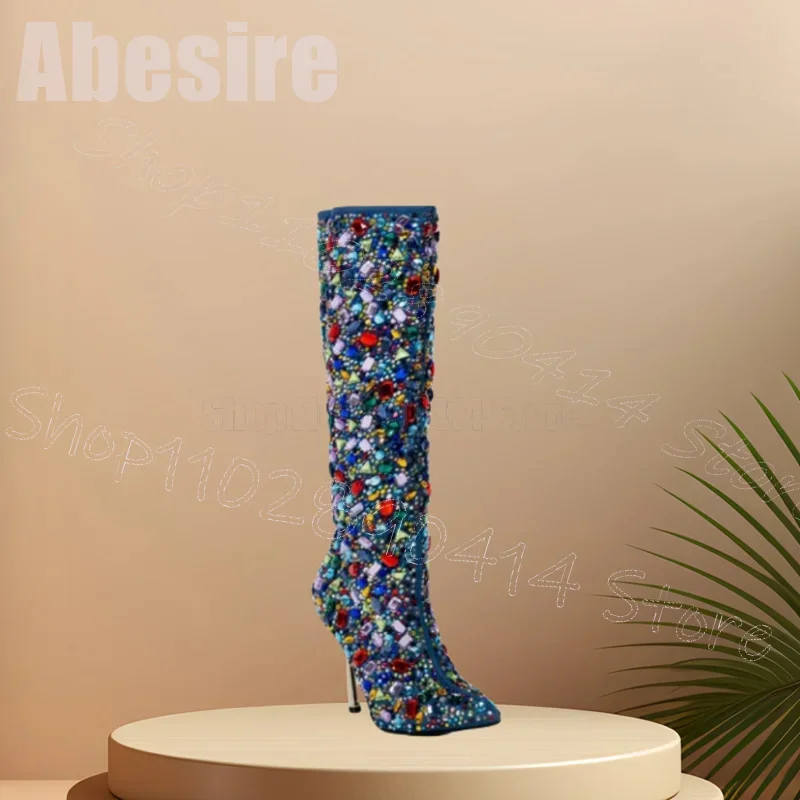 

Colorful Crystal Jewel Design Pointed Toe Boots Side Zipper Women Shoes Thin High Heels Party Banquet 2025 Zapatos Para Mujere