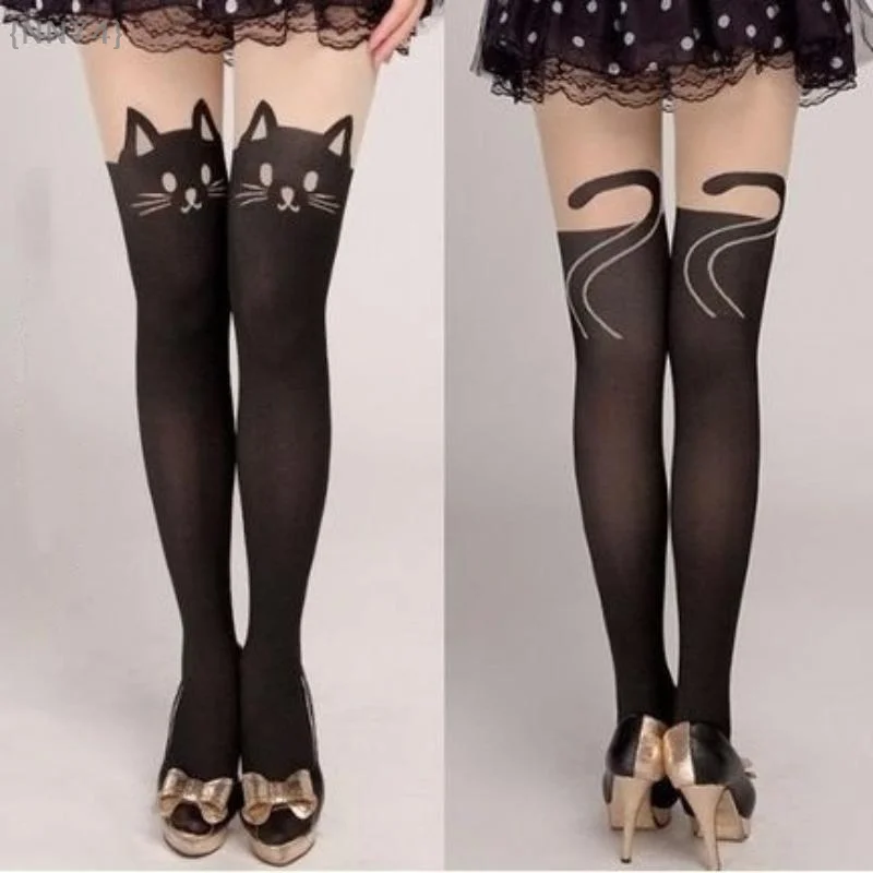 

【No】Women Cute Black Cat Printed Knee Socks - Casual Thigh High Cotton Warm Design for Romantic Lady Style