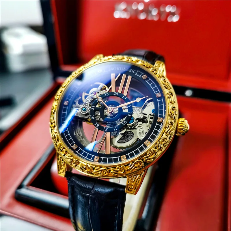 Stainless Steel New Dual Skeleton Luminous Waterproof Tourbillon Genuine Leather Self-Wind Automatic Watch for Men
