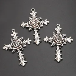 4pcs Silver Color 56x40mm Gothic Rose Flower Cross Charms Religious Pendant For DIY Handmade Metal Jewelry Making Accessories