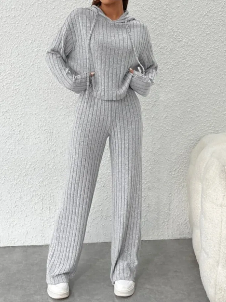 Spring Autumn Women\'s New Solid Color Casual Knitted Striped Hooded Sweatshirt Loose Long Sleeved Long Pants Two-piece Set