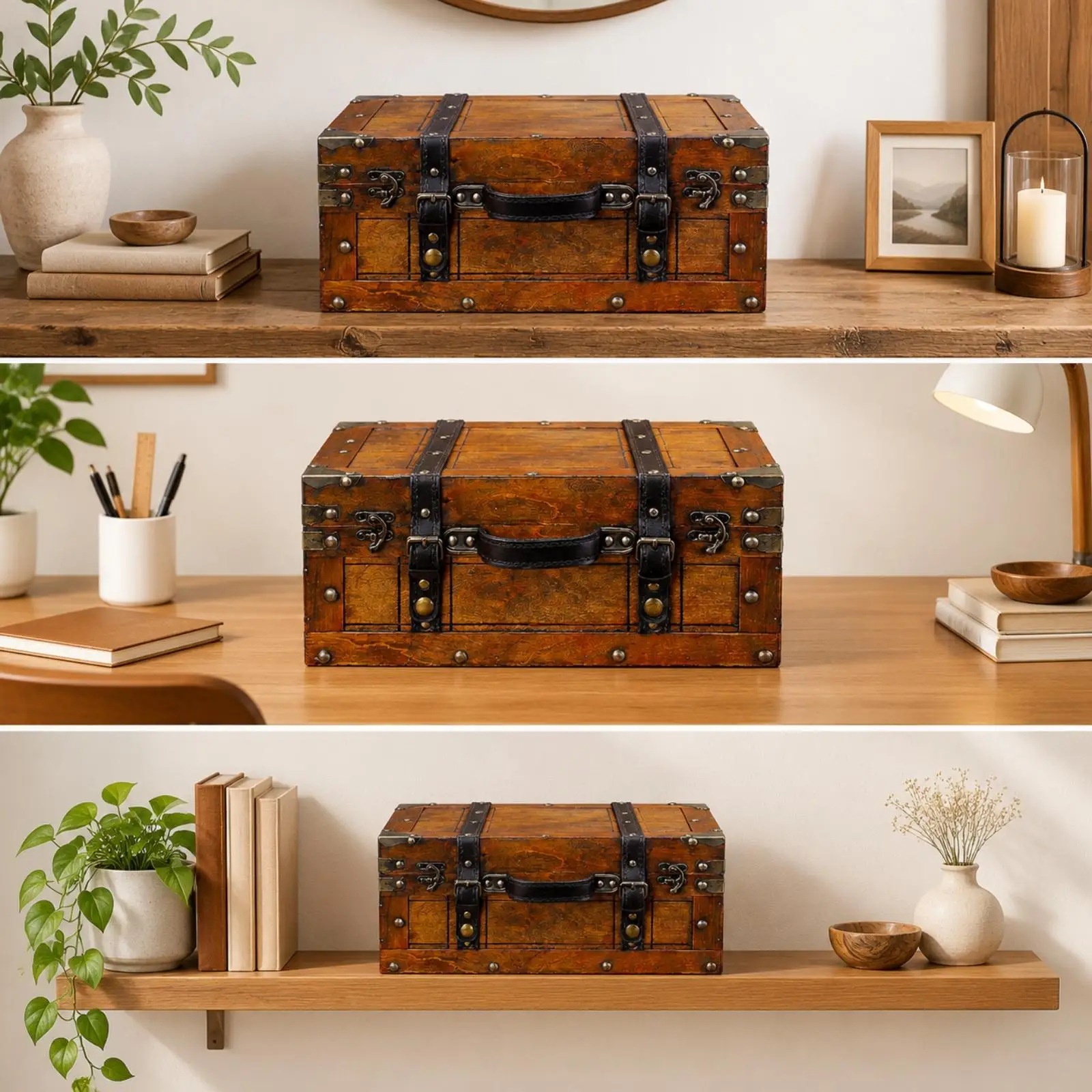 Rustic Wood Storage Trunk Retro Keepsake Chest with Decorative Straps and Locking Clasp for Small Items Home Organizer