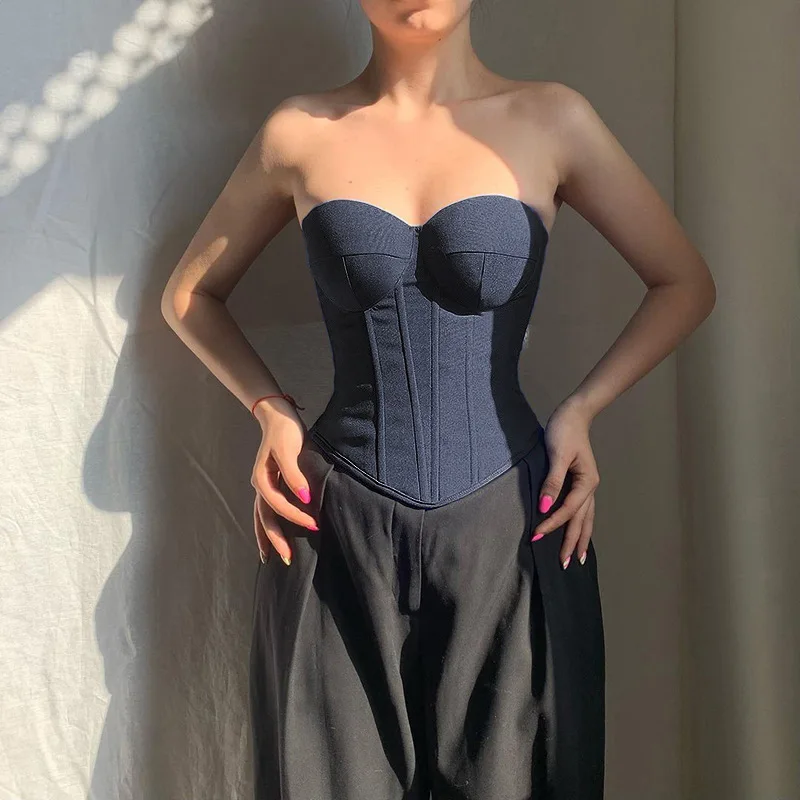 Lente en zomer minimalistische Harajuku retro mode imitatie denim high street trend temperament strapless sexy vetertop Y2K