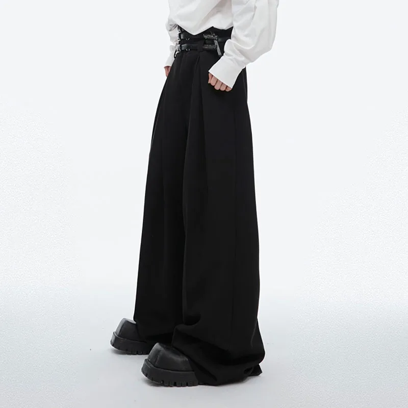 FEWQ Draping Pleated Waist Belt Design Pants Advanced Loose High Waist Straight Leg Casual 2024 Darkwear Male Trousers 24X9228