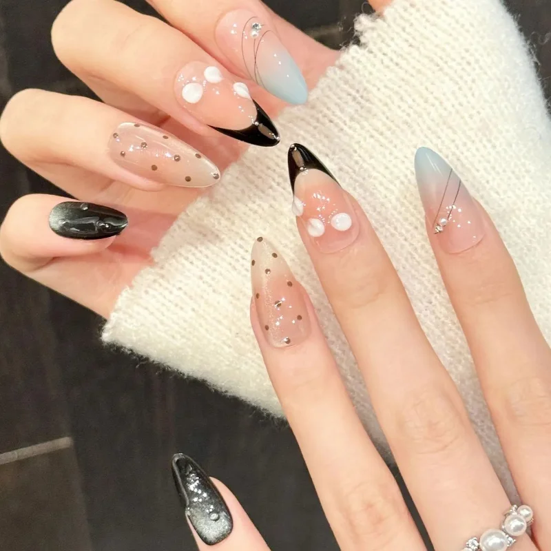 

10 PCS Luxury Handmade Press on Nails Middle Almond Pink-black contrast Design with 3-PIECE Tool Adhesive Nail Glue Tabs