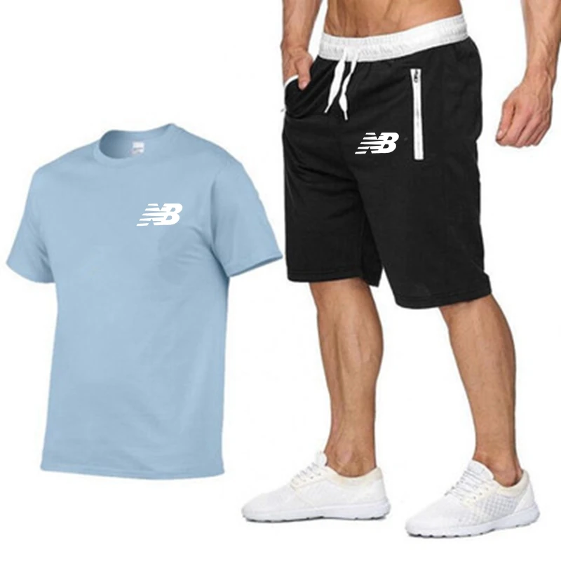 Men\'s Summer Sportswear Fitness Suit Short Sleeve T-shirt Two Piece Breathable Shorts New 2021