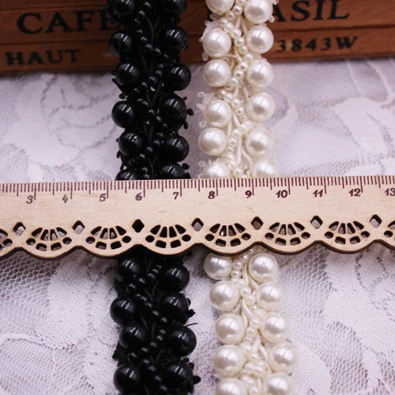 1yards/Lot White Black Pearl Beaded Lace Fabric Embroidered Lace Ribbon Trim Beaded Fringe Sewing Material Clothing Accessories