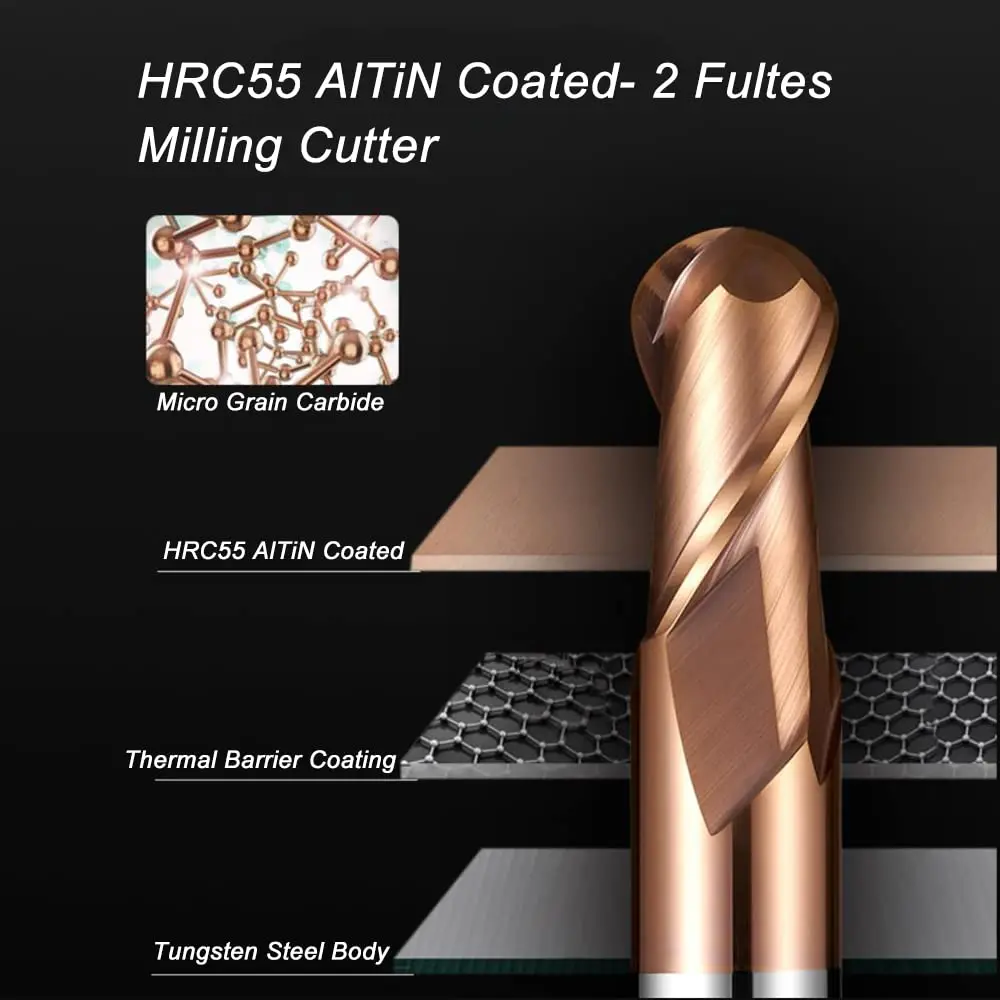 Imagem -02 - Huhao Bola Nariz Fresas de Carboneto Cnc Cortador Roteador Bits Flauta Tingin Revestido Fresa para Liga Aços Endurecidos