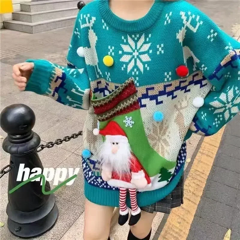 Korean Autumn and Winter New Christmas Sweater Cute Doll Decoration Knitwear Women's Lazy Style Casual Loose Round Neck Pullover