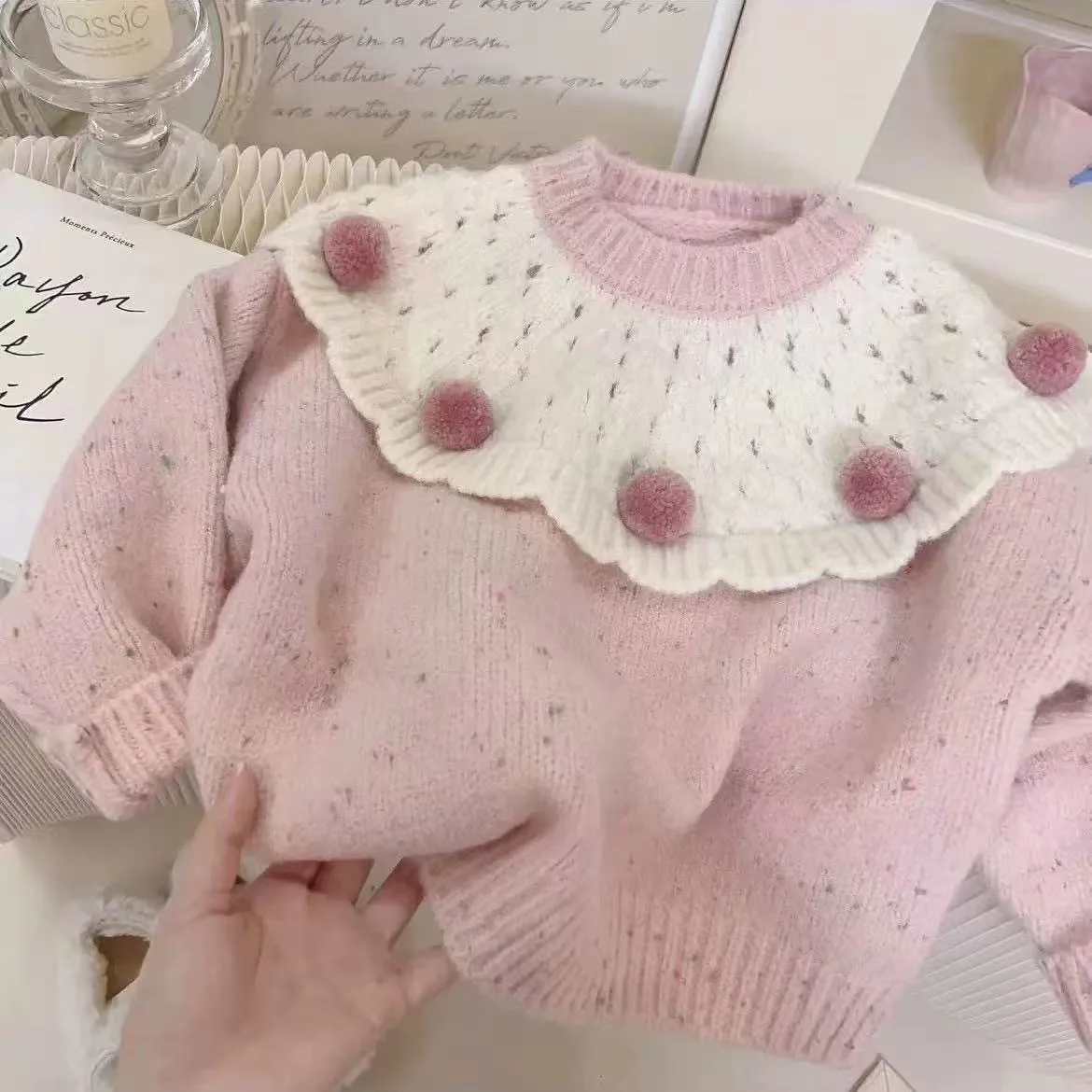 Toddler Girls Pink Knit Sweater Color Block Collar Pom Pom Decor Thick Soft Fabric Warm Jumper For Toddler Winter Outfit JY15