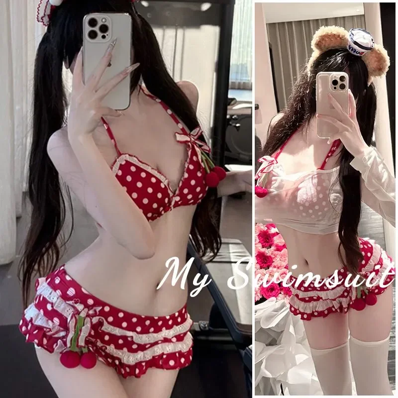 

Women's Sweet Cherry Polka Dot 3 Piece Bikini Set Halter Ruffle Hem Sheer Long Sleeve Cover Up Sexy Backless Beach Swimwear