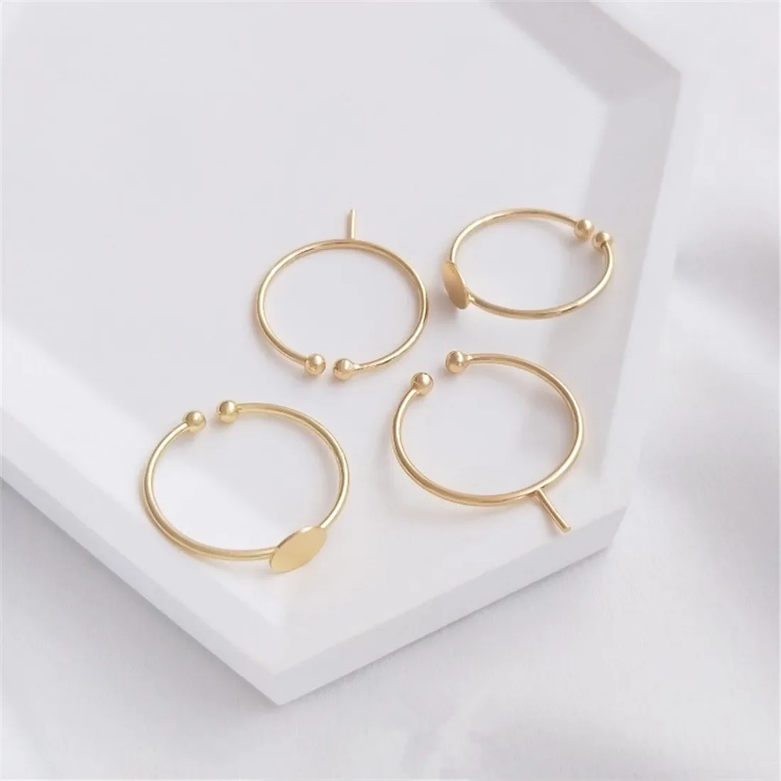 14K Gold-coated DIY Hand-held Flat Ring Paste Ring Face Half-hole Bead Pin Inlaid Pearl Opening Ring Holder Accessories B688