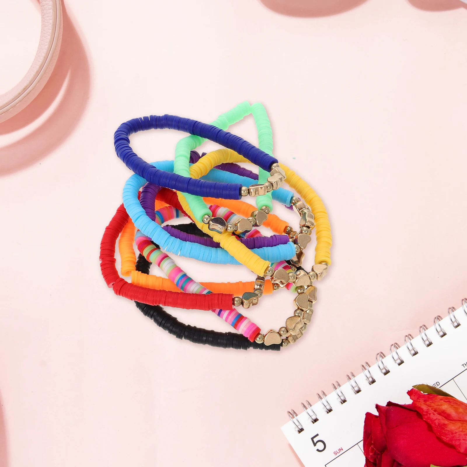 

9pcs Colorful Stretchy Clay Bead Bracelet Set Bohemia Multilayer Stackable Heart Design For Women