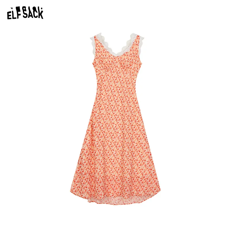 ELFSACK 2024 Summer New Arrivals French V-neck Temperament Holiday Style Chiffon Floral Sleeveless Dress for Women